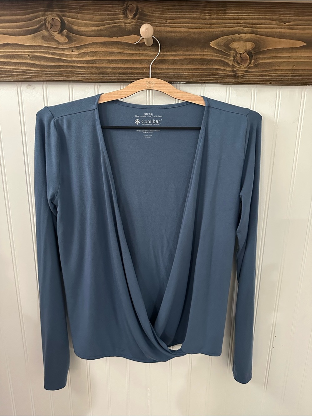 Coolibar Vrae Everyday Fashion Wrap Slate Blue Draped Crossover Long Sleeve Top